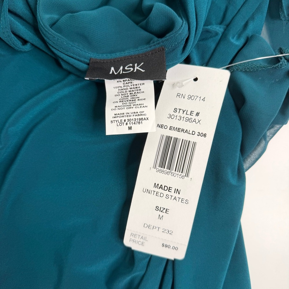 NWT MSK Neo Emerald Faux Wrap Cape Dress Embellished Pearl Sleeves Size Medium - Picture 7 of 9
